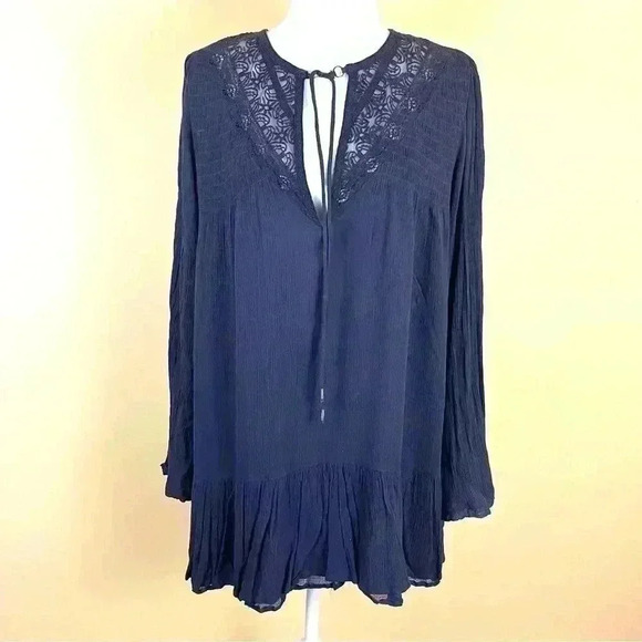 Free People Navy One Night Victorian Peasant Key Hole Back Rayon Tunic Size M - Picture 1 of 16